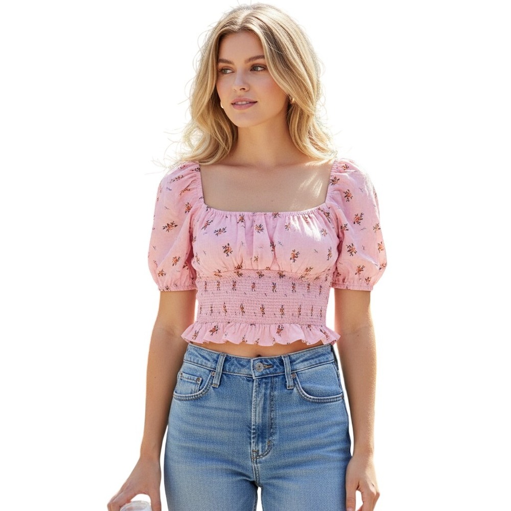 AFRM Pink Floral Smocked Puff Sleeve Crop Top Square Neck Open Back AET028114 M